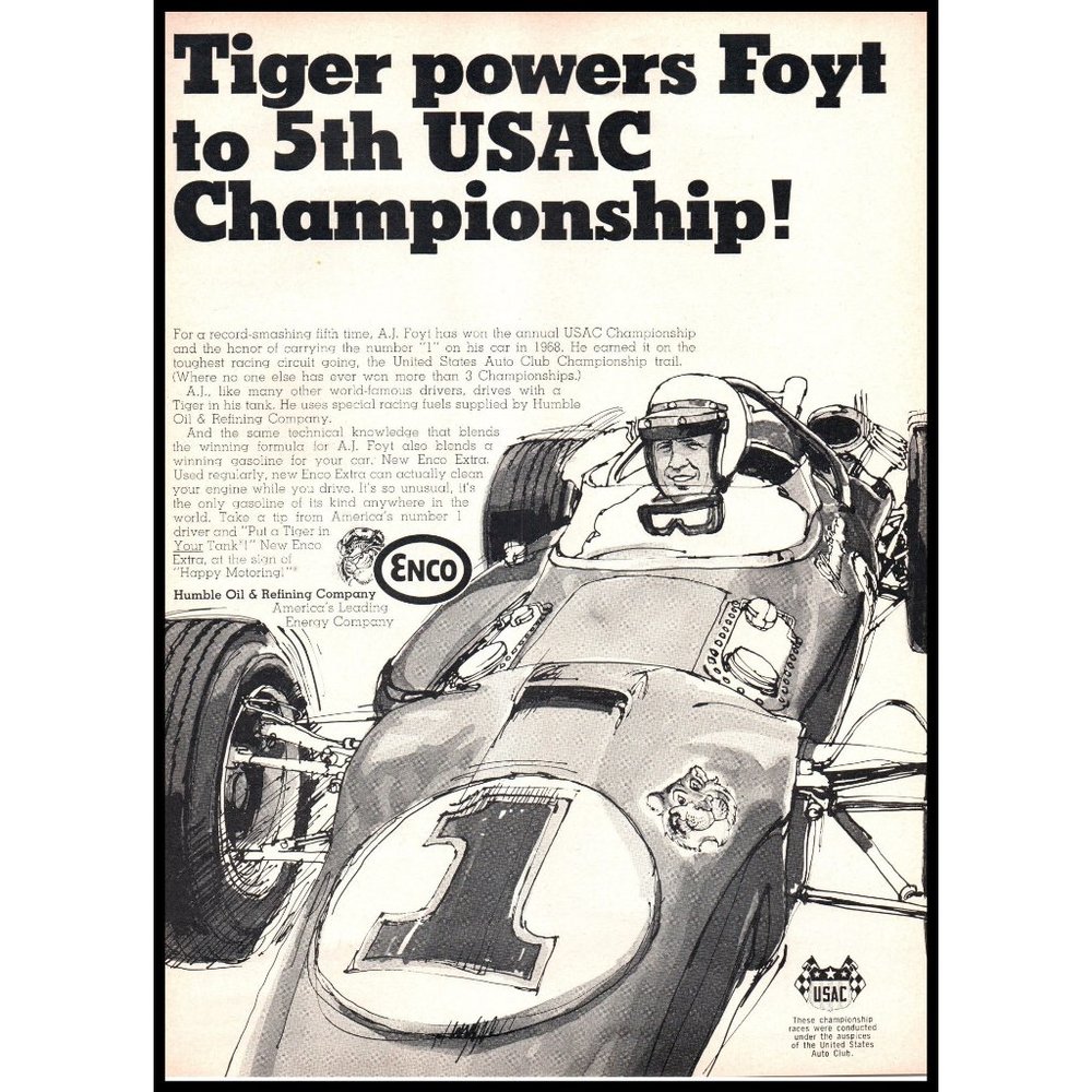 1968 Enco Racing Gasoline Fuels A.J. Foyt Race Car Vintage Print Ad Wall Art